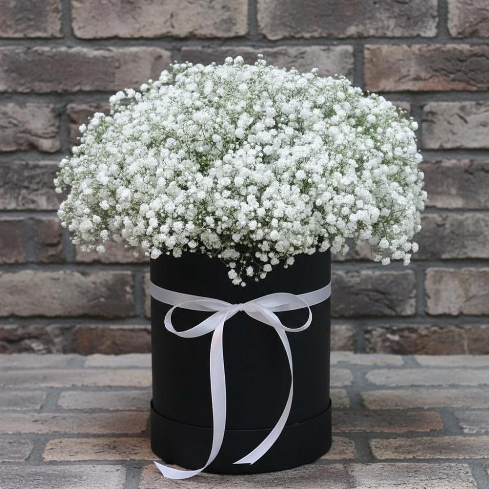 Цветочная композиция из Гипсофила в шляпной коробке в Новоселицах