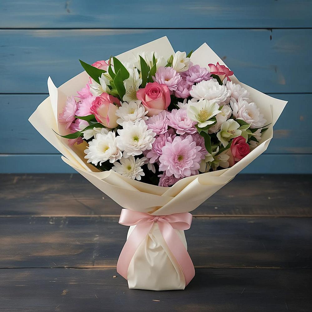 Букет цветов из: Хризантемы, Альстромерии и Розы в Новоселицах